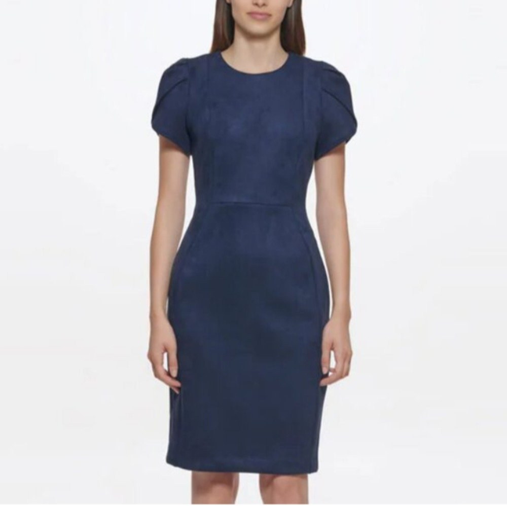 Calvin Klein Womens Tulip Sleeve Short Dress NWT Navy Office Business Faux Suede